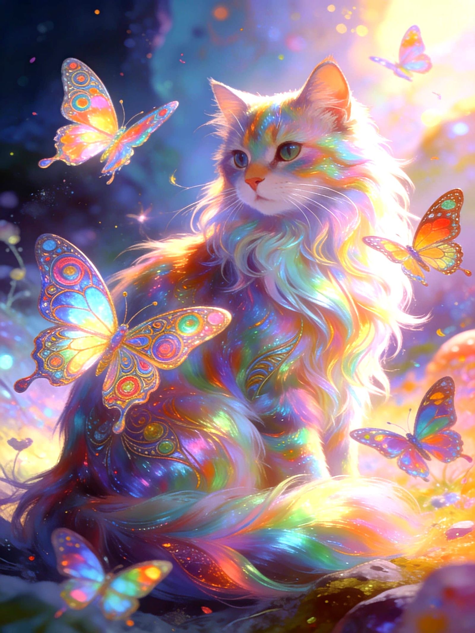 Iridescent Long-Haired Cat with Butterflies in Dreamscape