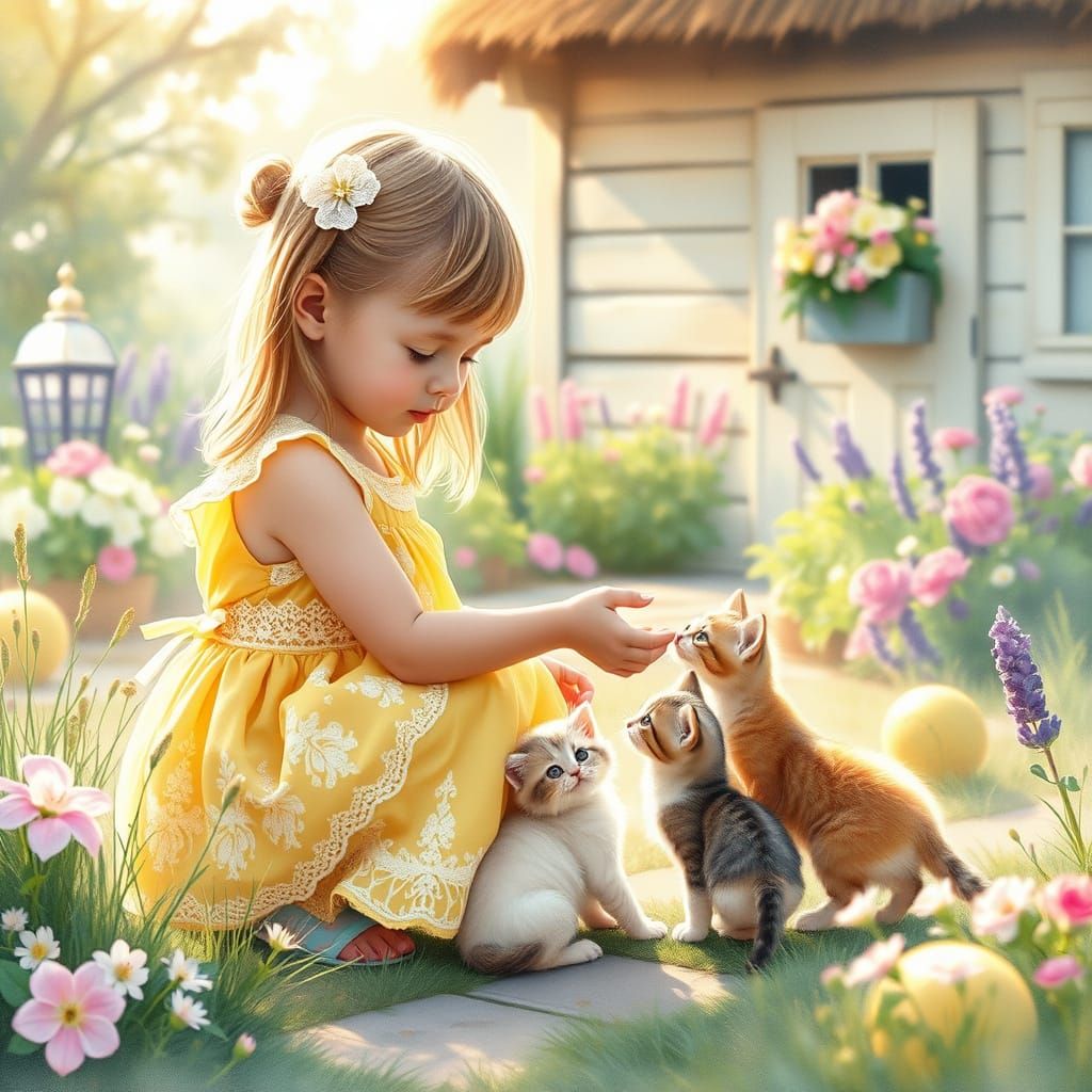 Whimsical Summer Scene with Kittens and Cottage