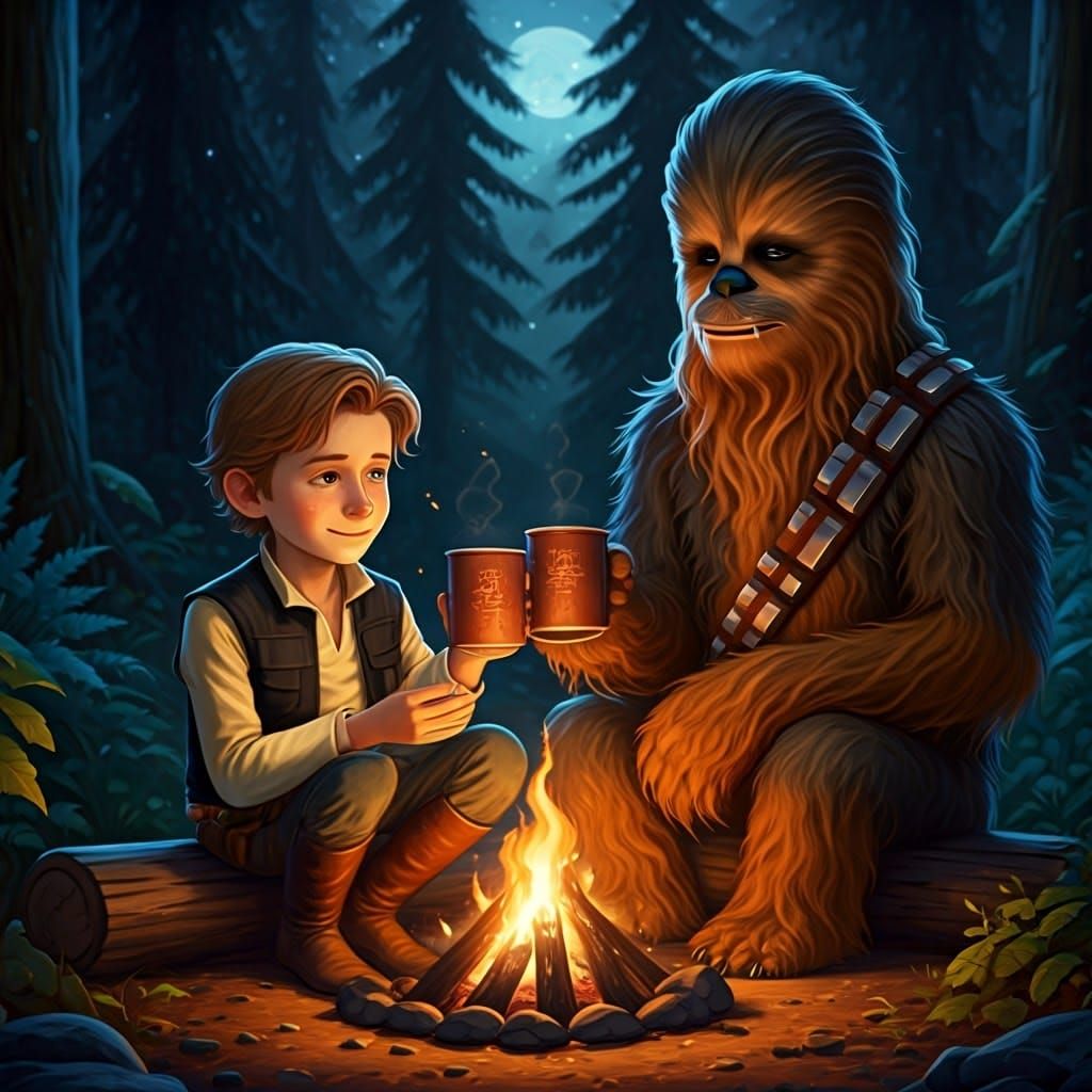 Han Solo and Chewbacca Enjoy a Cozy Campfire Night