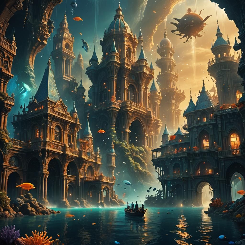 Fantastical Underwater Town with Golden Lighting