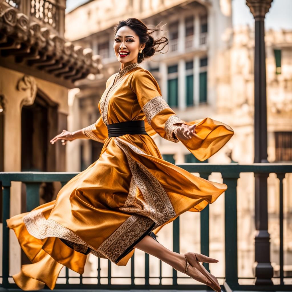 Woman in Traditional Clothes Leaping from Balcony