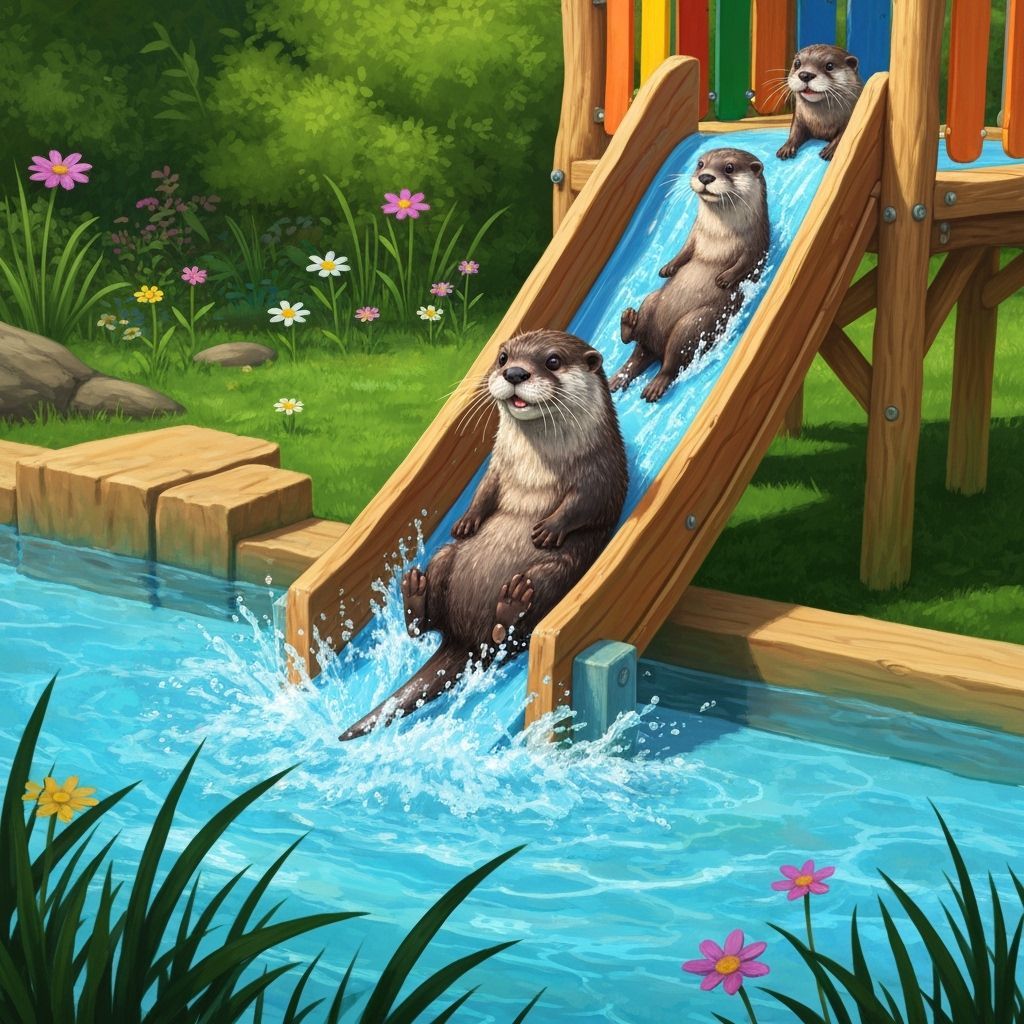 Playful Otters Slide into Duck-Filled Pool