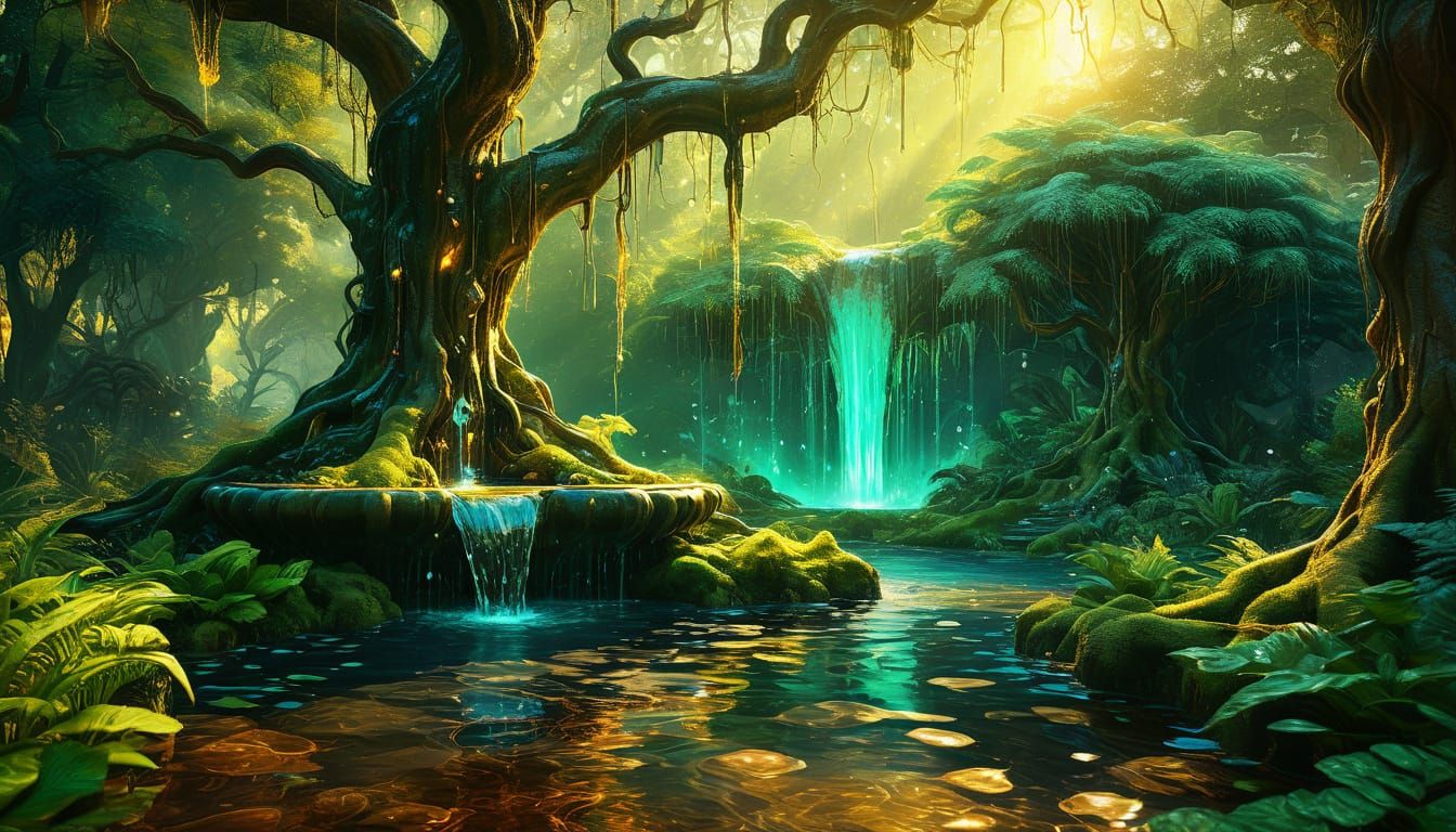 Mystical Fountain of Youth Reverses Aging: Surreal Oil Paint...