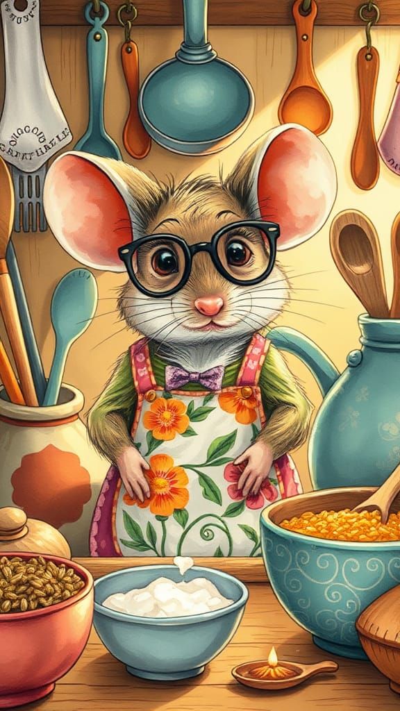 Sketch-style illustration of a whimsical, eccentric mice in a kitchen, colorful, similar to children's book illustration...