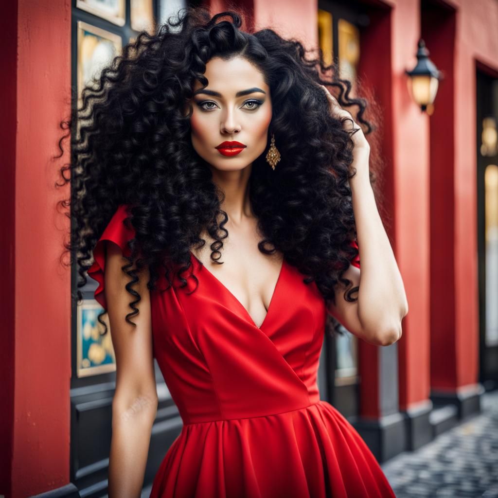Eurasian Woman in Red Dress, Artistic Portrait