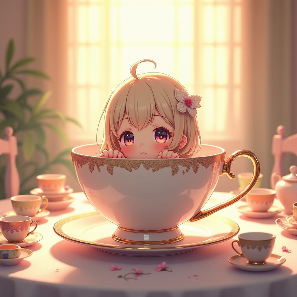 Anime Girl in Teacup: Watercolor Illustration Style