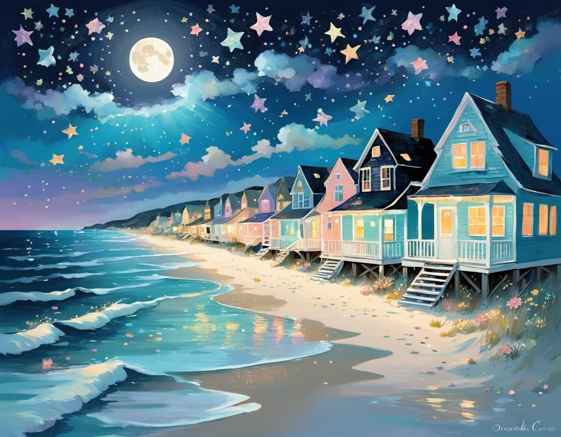 Pastel Oceanfront Cottages Under a Full Moon