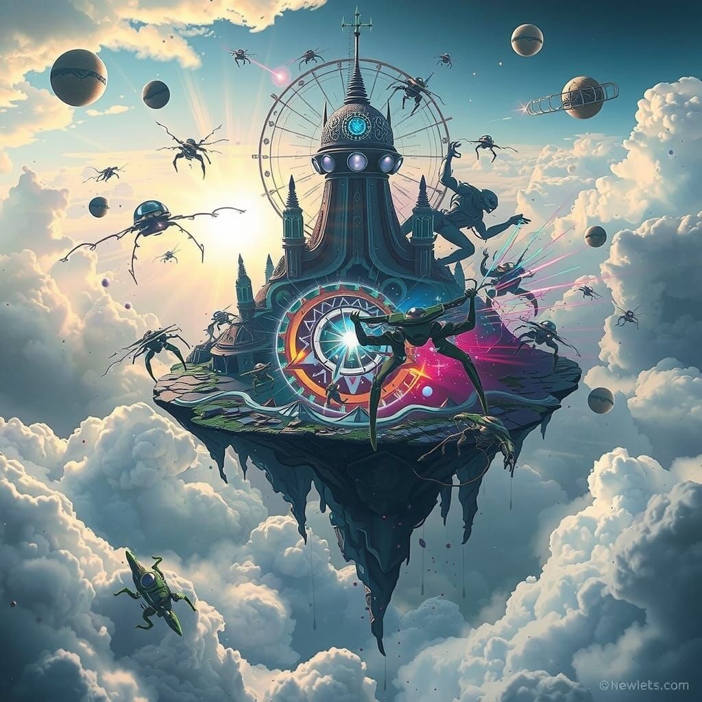 Chaotic Battle on Floating Island in Sacred Geometry Style