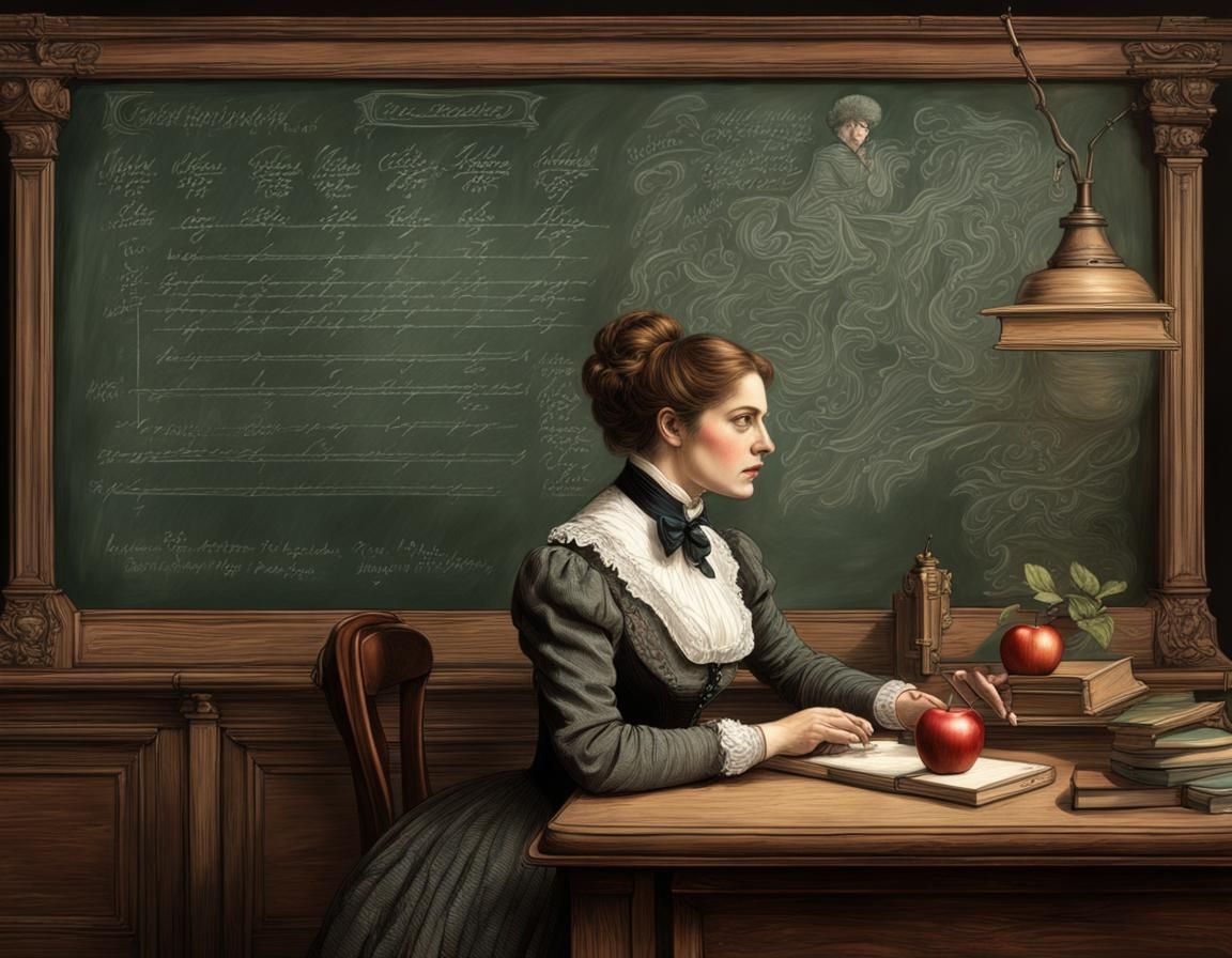 Victorian School Teacher at Chalkboard: Detailed Cinematic