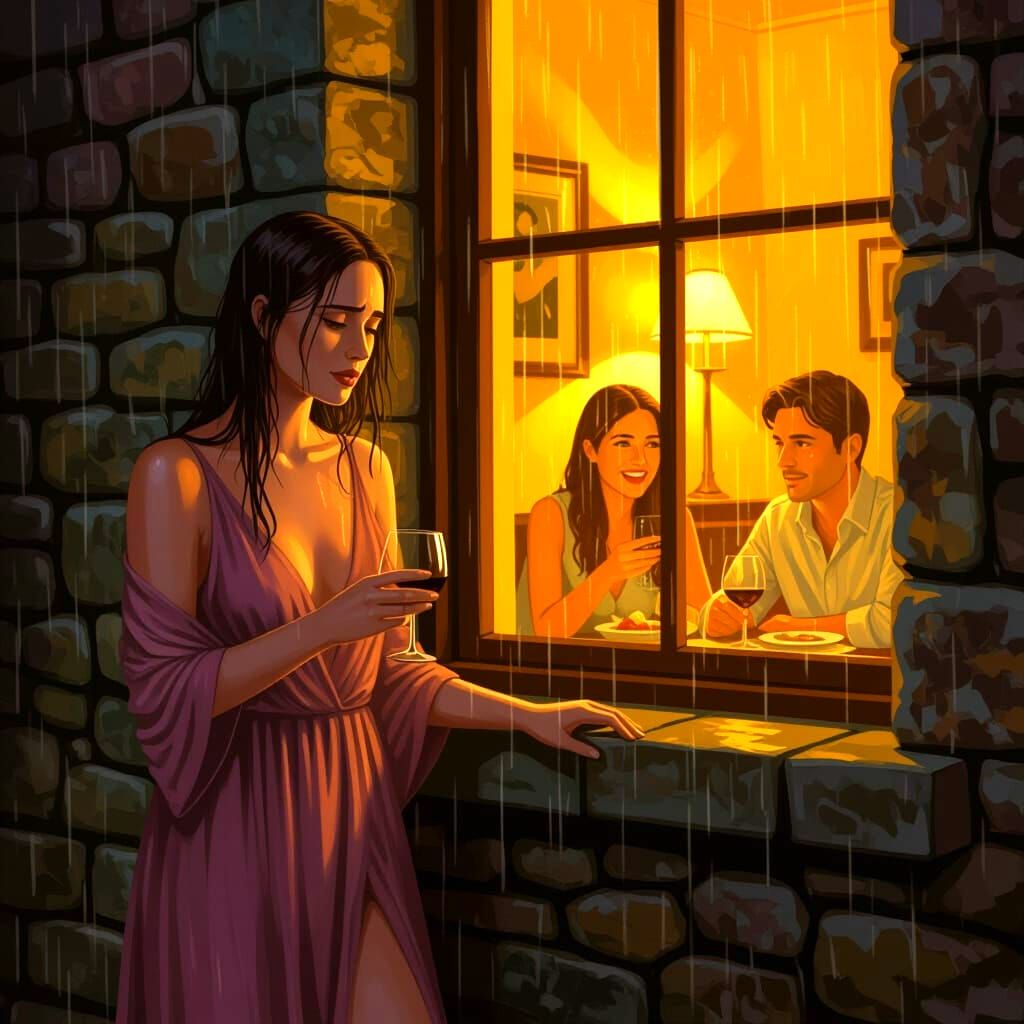 Melancholic Woman in Rain Contrasted with Happy Couple