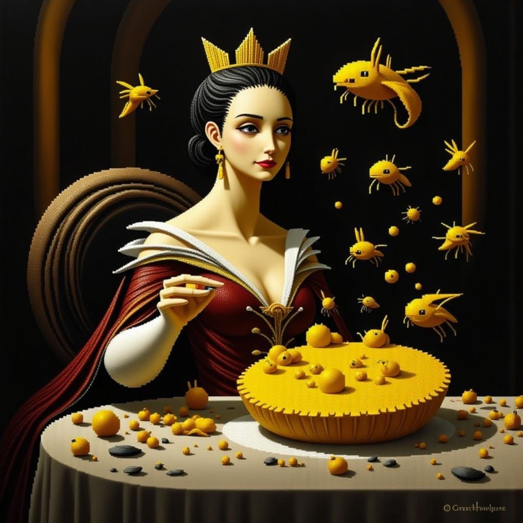 Queen's Pie Swarmed by Bees in Hyperrealistic Painting
