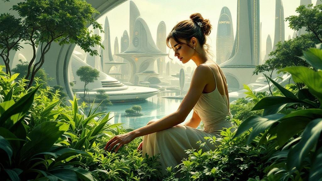 Utopian Future: Serene Woman in Frutiger Aero Cityscape