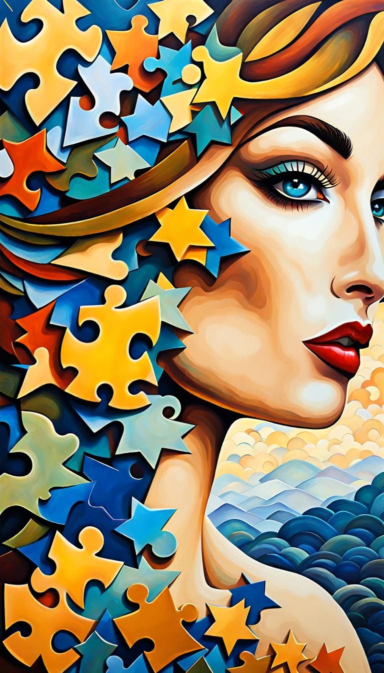 Surreal Woman Made of Puzzle Pieces