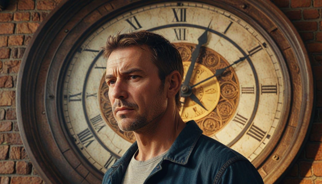 Handsome Man Before Giant Clock in Golden Hour