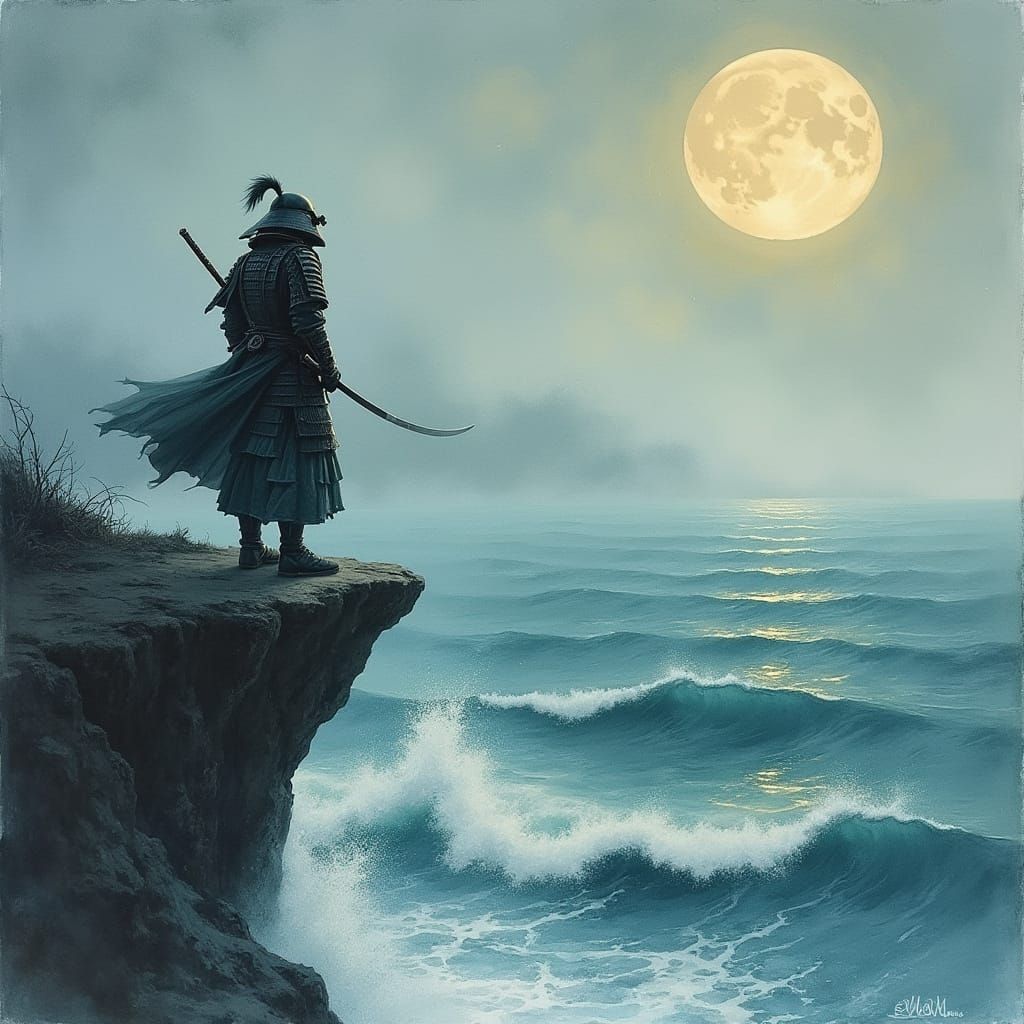 Samurai on Moonlit Cliff in Watercolor Style