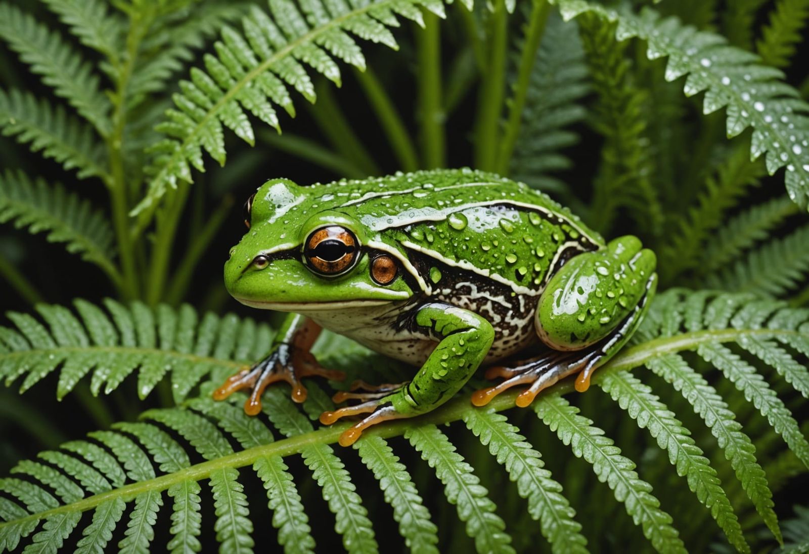 Vibrant Fern Scene with Delicate Frog and Sparkling Dew
