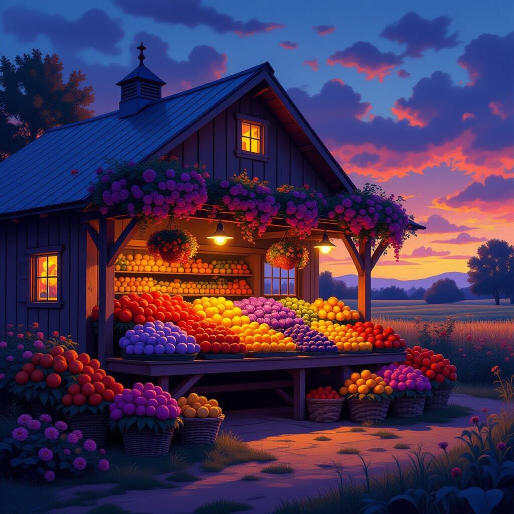 Cozy Farmstand with Giant Flowers & Cosmic Fruits at Twiligh...