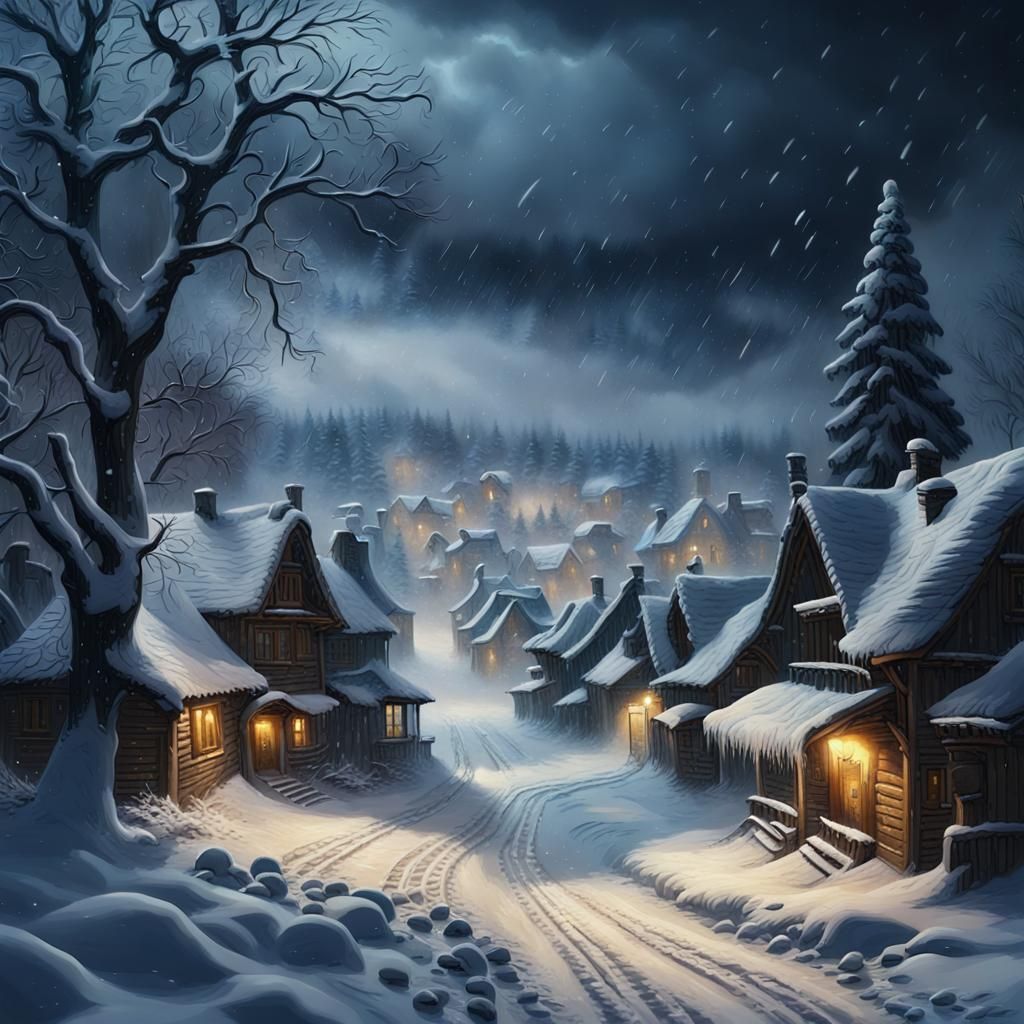 Snowy Ukrainian Village Blizzard: Dramatic Digital Painting