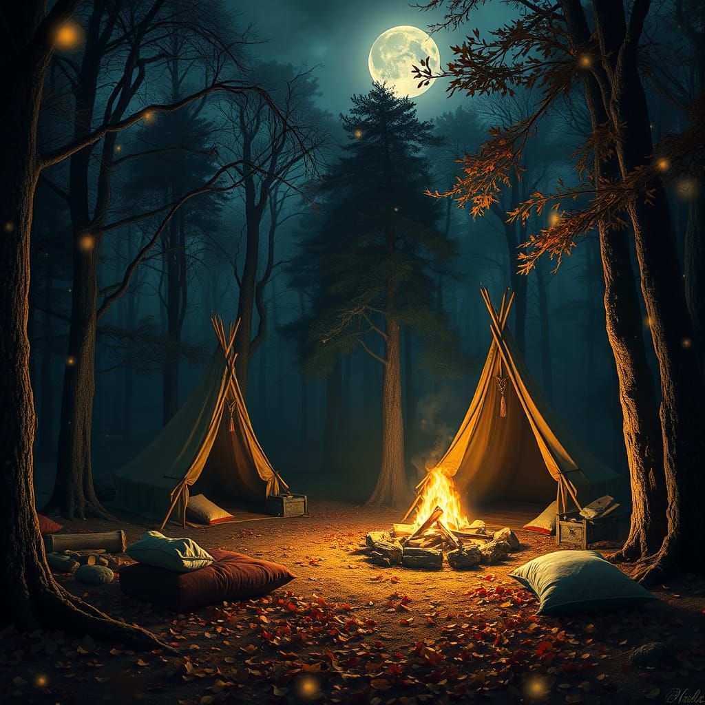 Moonlit Fantasy Forest Campsite in Whimsical Watercolor Styl...