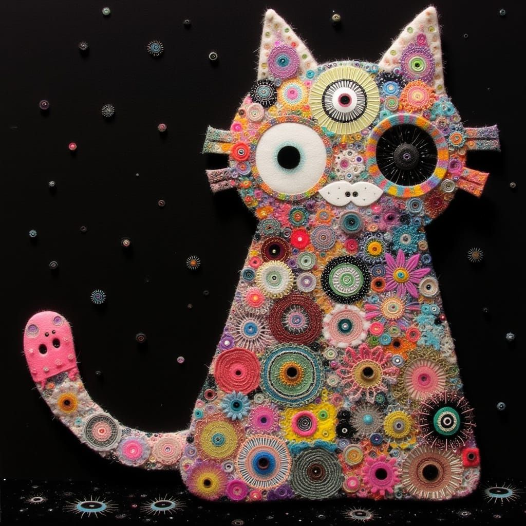Whimsical Patchwork Cat in Cyberpunk Aesthetic