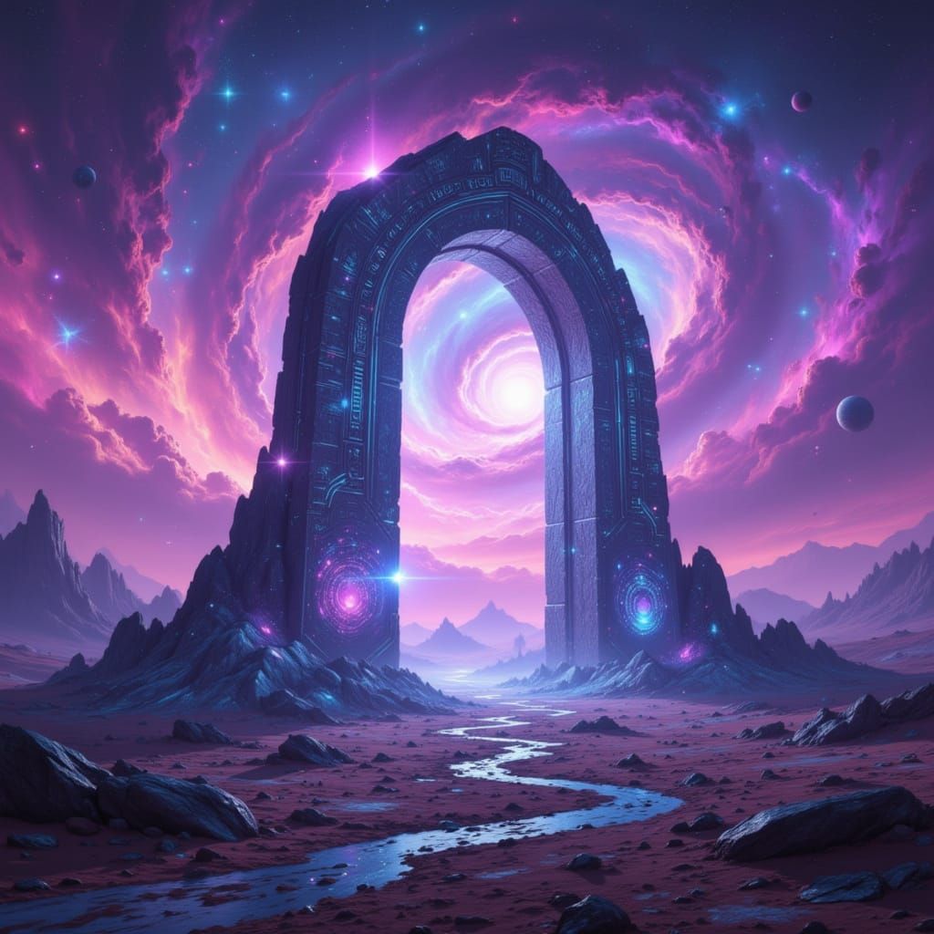 Hyperrealistic Arch of Hope on Alien World in Vibrant Space