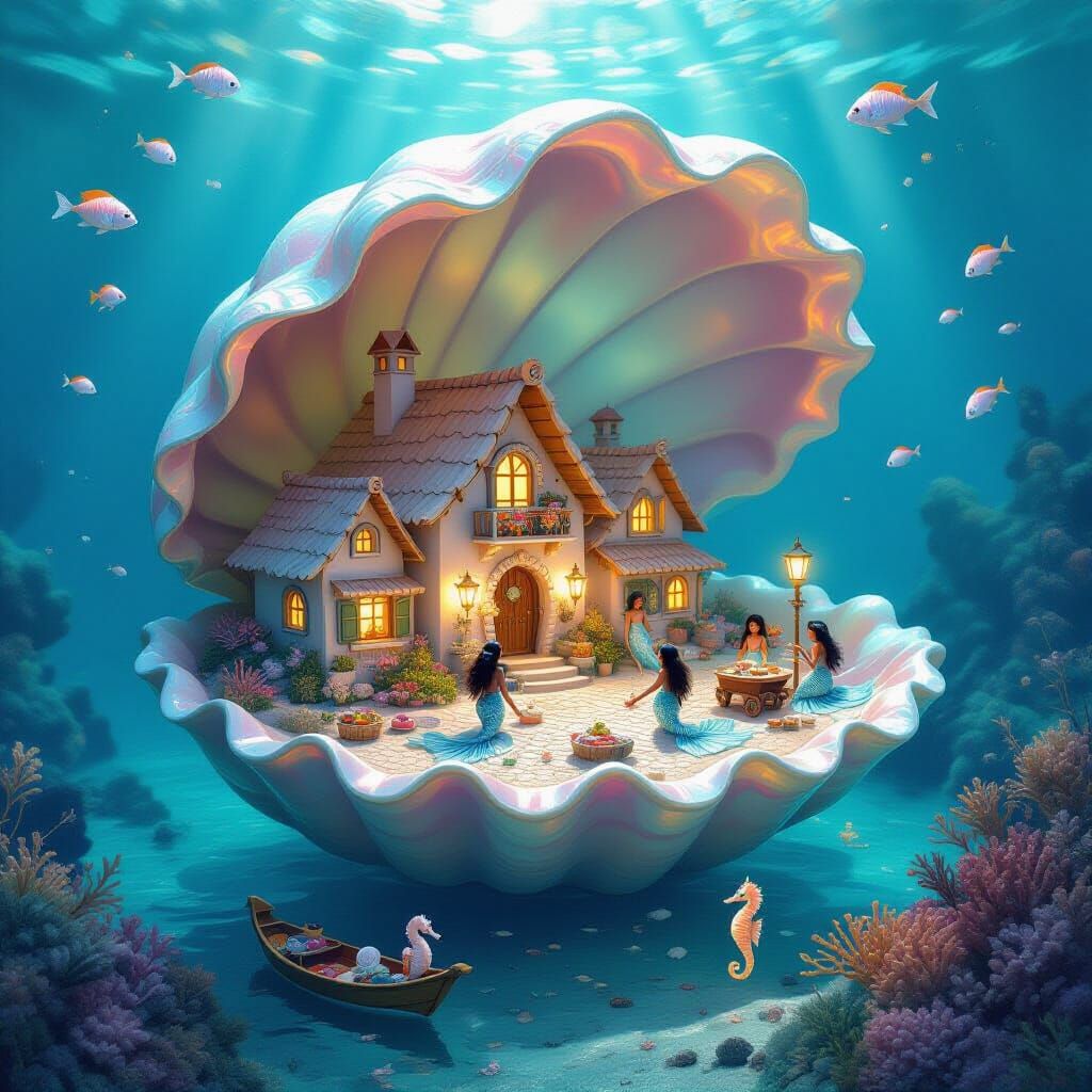 African Mermaid Village in Iridescent Seashell, Concept Art