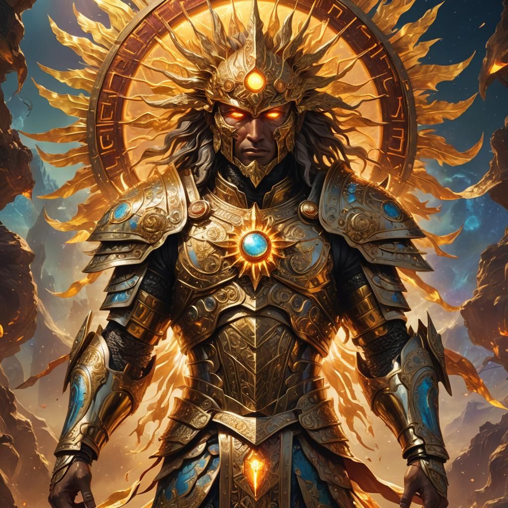 Powerful Sun God in Golden Armor: Surreal Concept Art