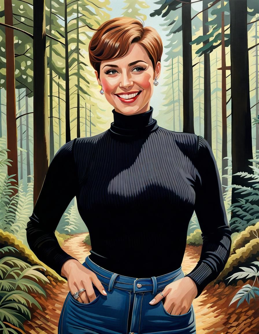 Elegant Woman in Forest, Oil Painting Style