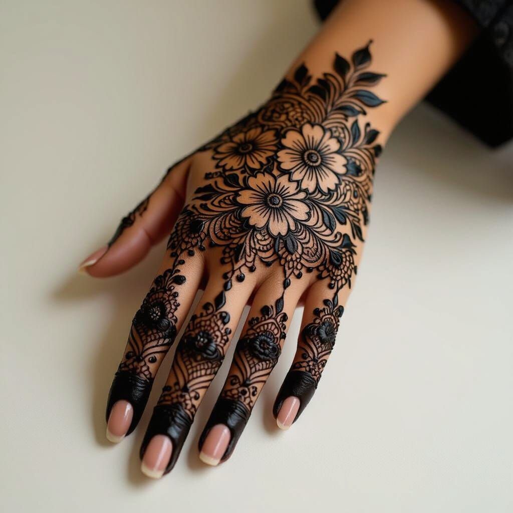 Intricate Henna Hand Design with Flowers and Leaves