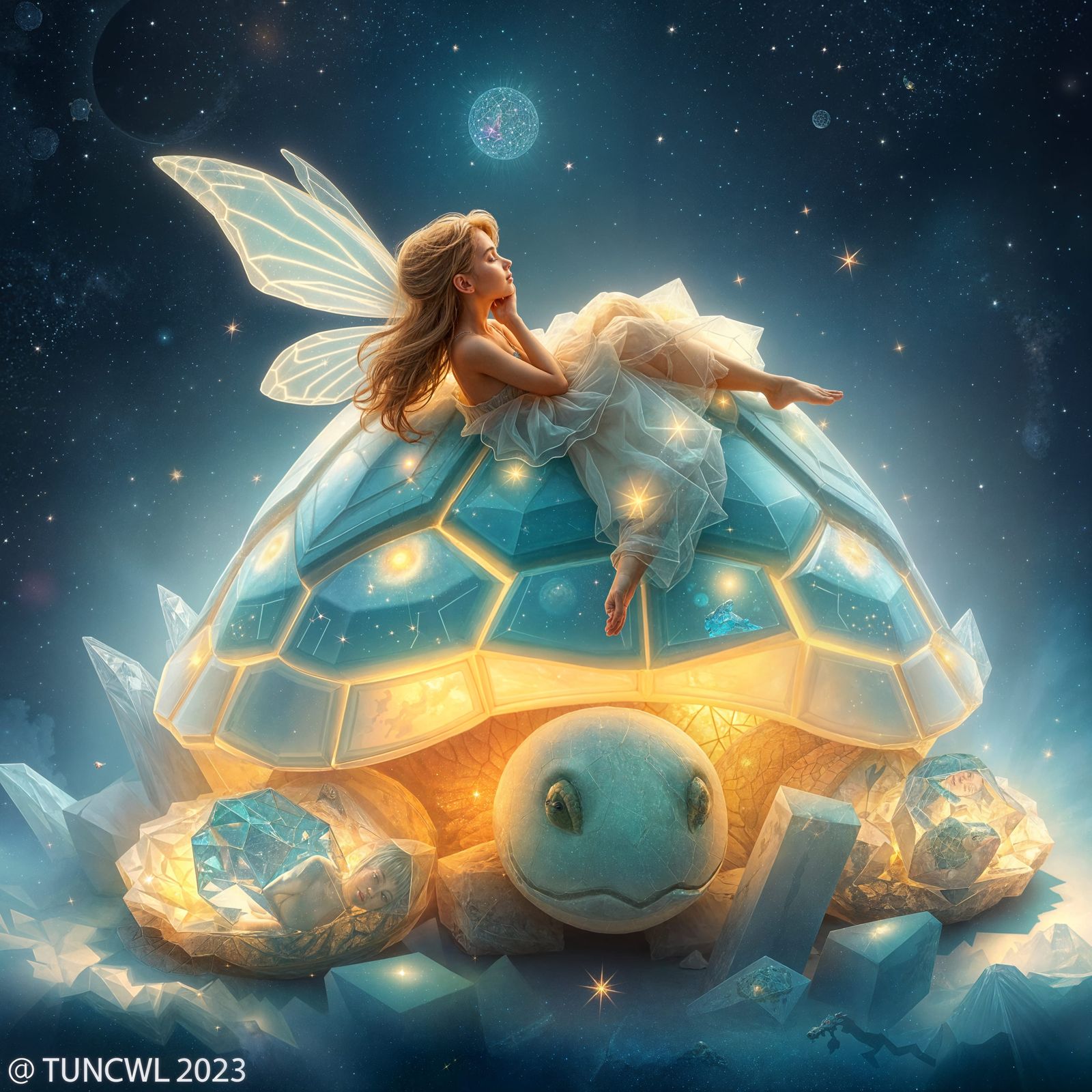 Fairy Stargazing on Crystal Turtle in Space