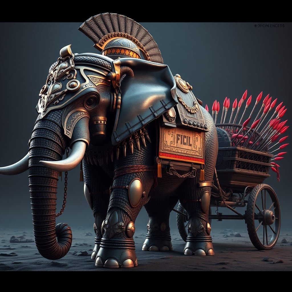Armored Elephant Pulling Spear Chariot in Sci-Fi Style