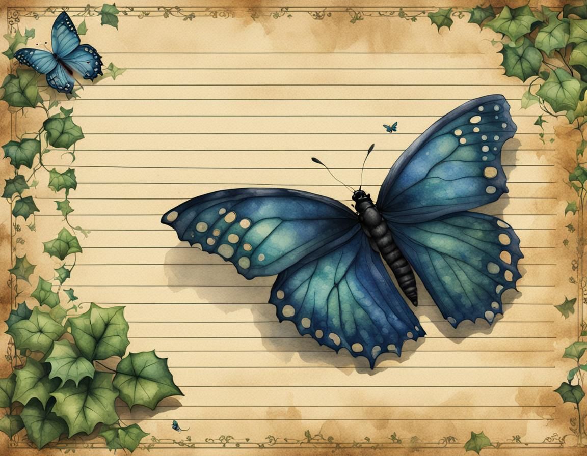 Vintage Notepaper with Watercolor Ivy and Butterfly