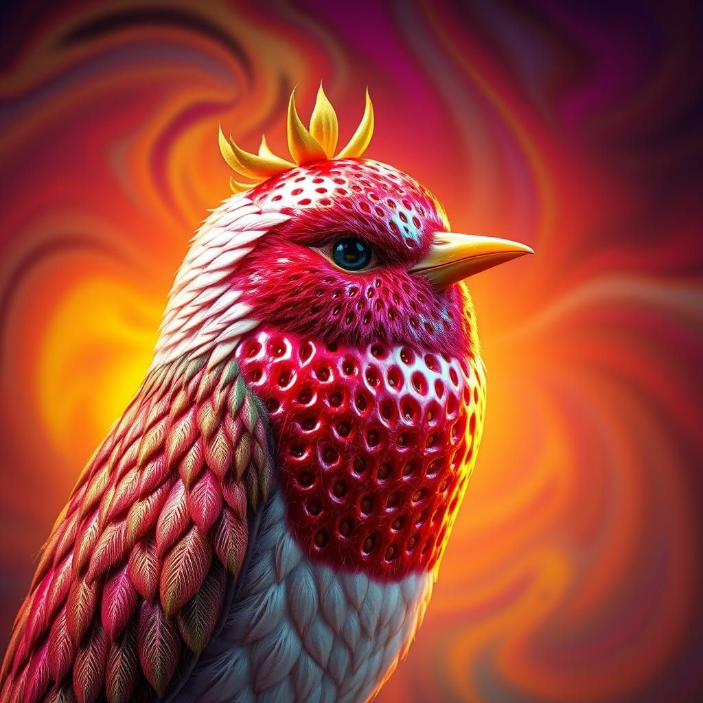 Hyperrealistic Strawberry Bird in Vibrant Summer Sunset