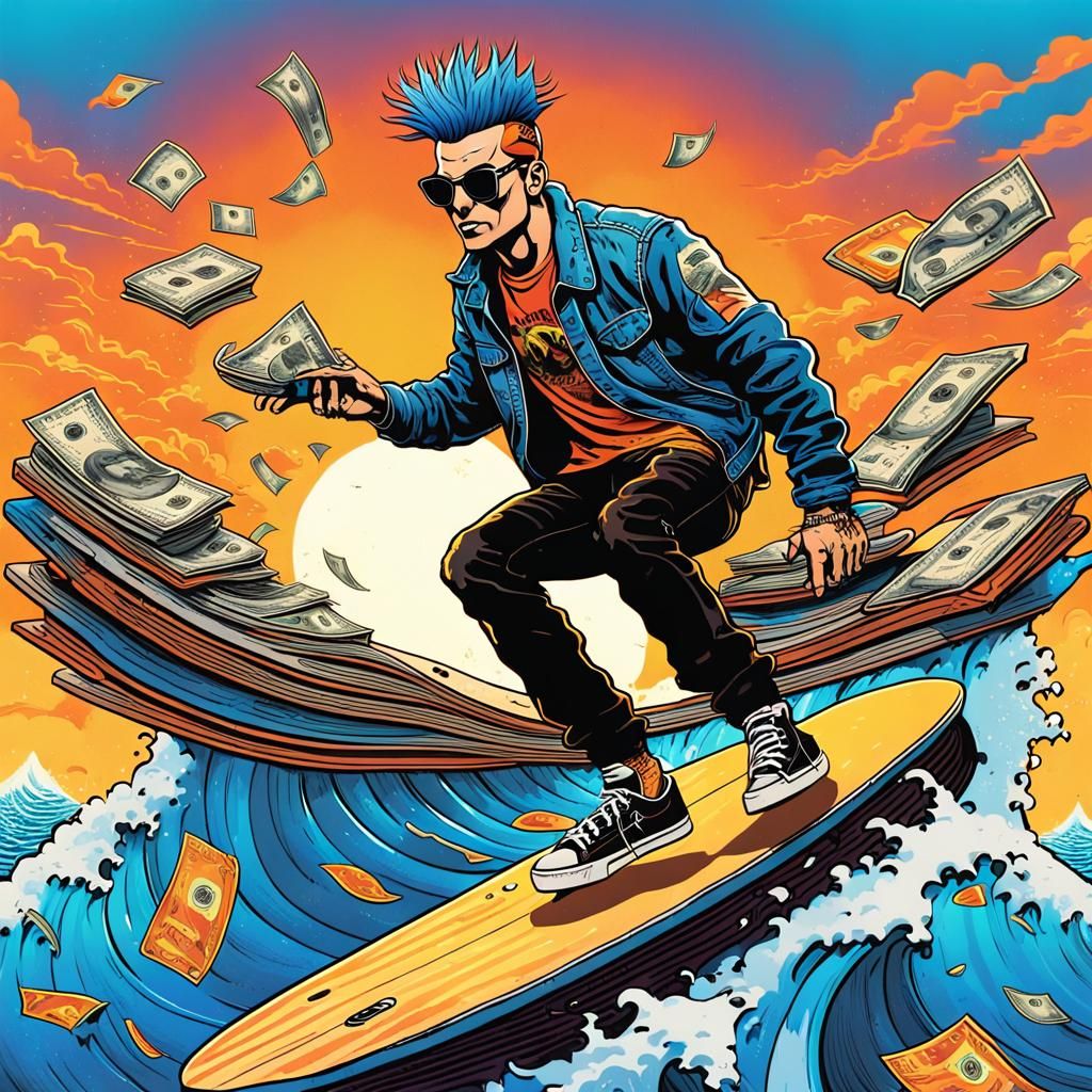 Surreal Comic Book Style Surfer Rides Cosmic Wave