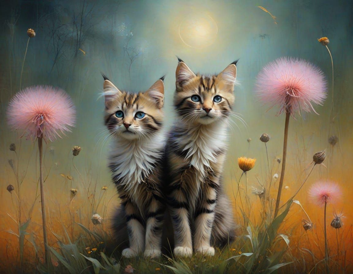 Surreal Kittens and Dandelions in Romantic Style