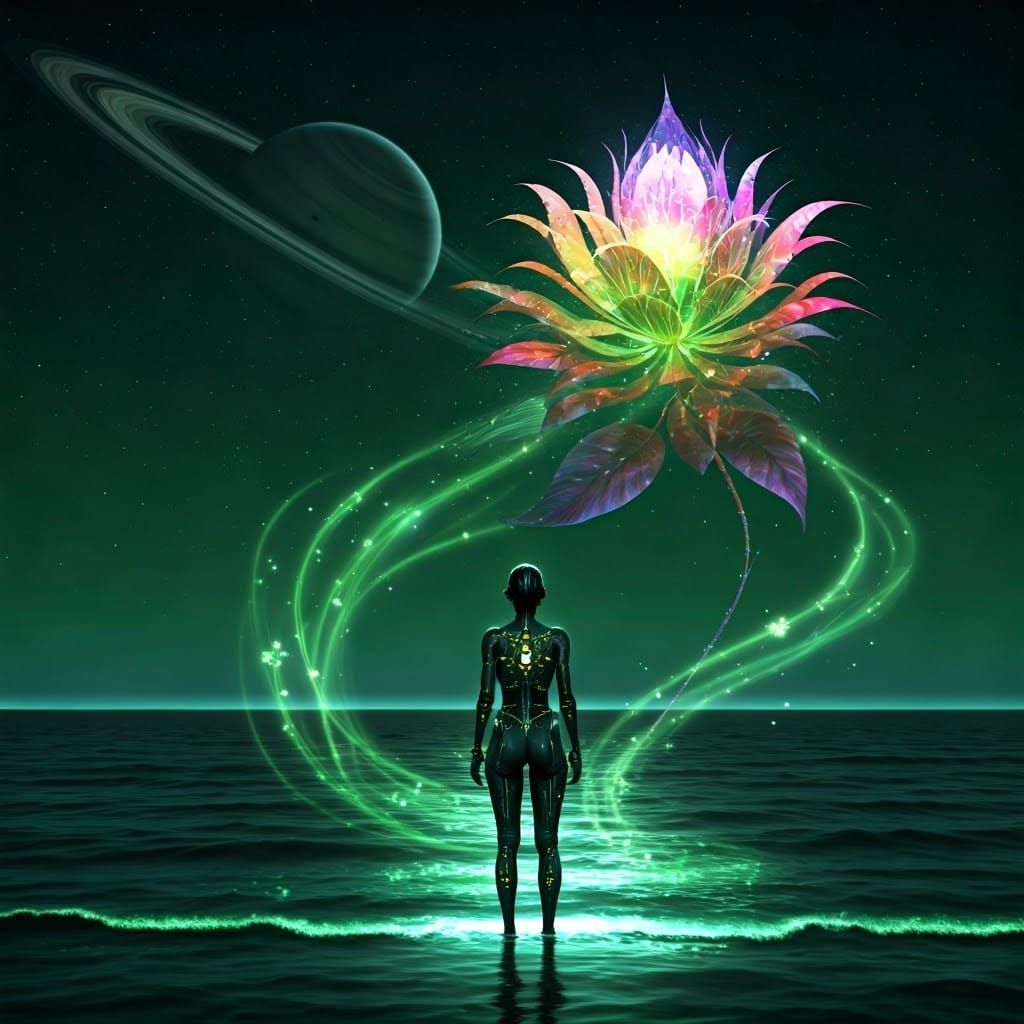 Cyborg Woman Gazes at Exploding Planet