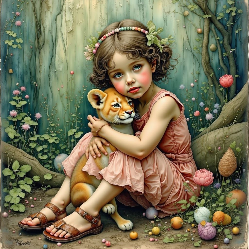 Girl Hugs Lion Cub in Forest, Impasto Painting