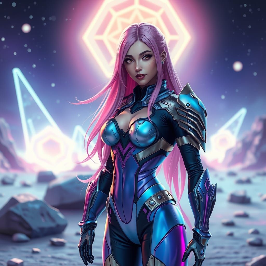 Confident Futuristic Warrior Emerges in Neon-Lit Cosmic Land...
