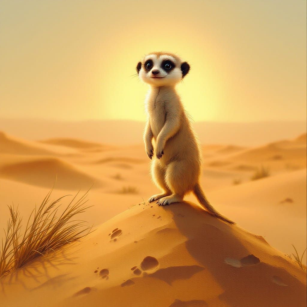 Surreal Desert Landscape with Innocent Meerkat Guardian