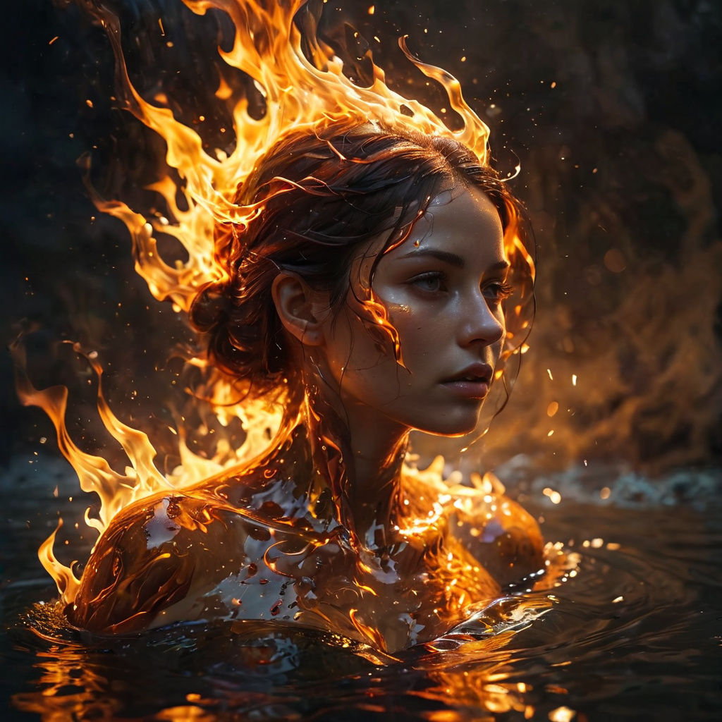 Fiery Figure Merging with Water Reflection