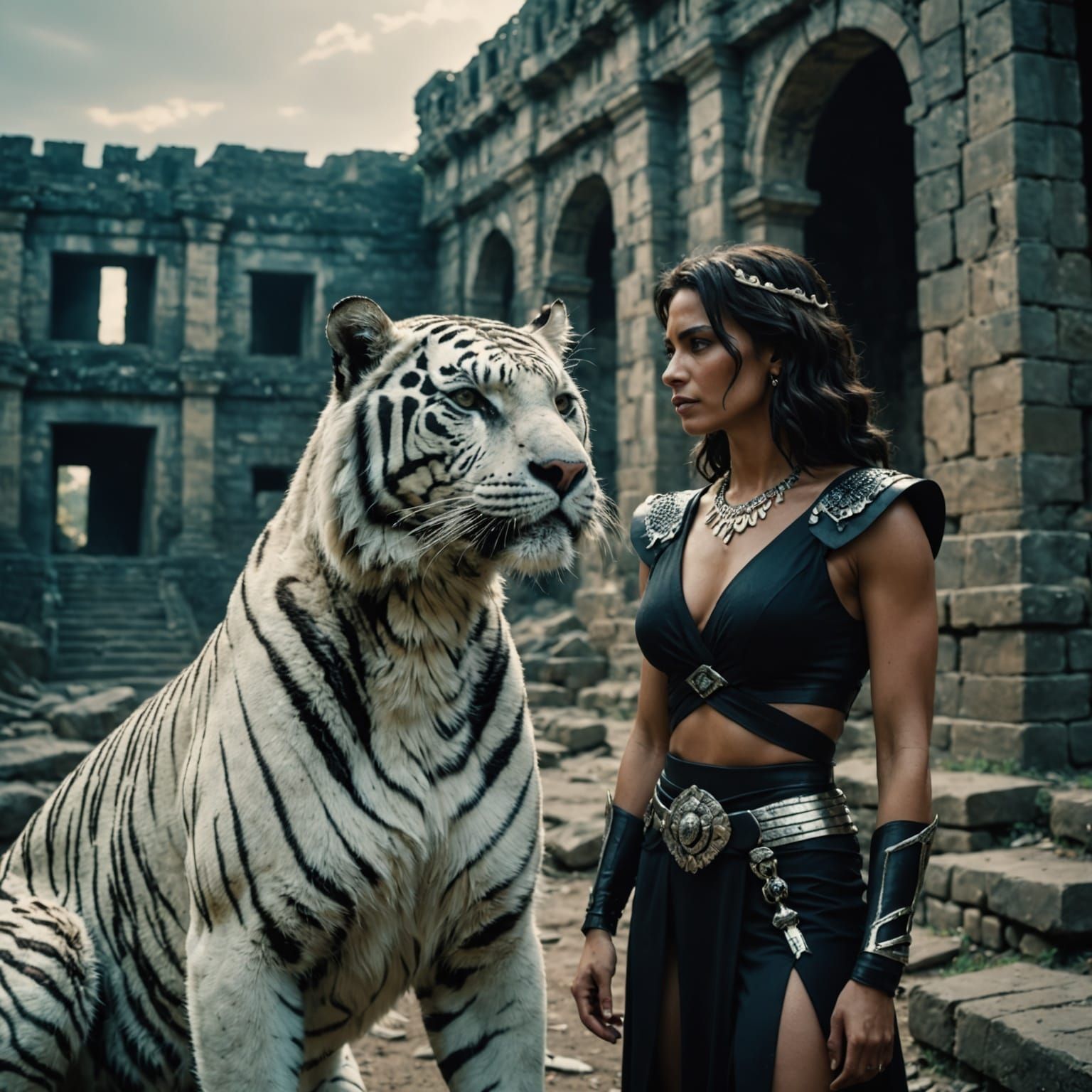 Intimate Tiger and Jaguar Amidst Dusky Ruins in Cinematic 35...