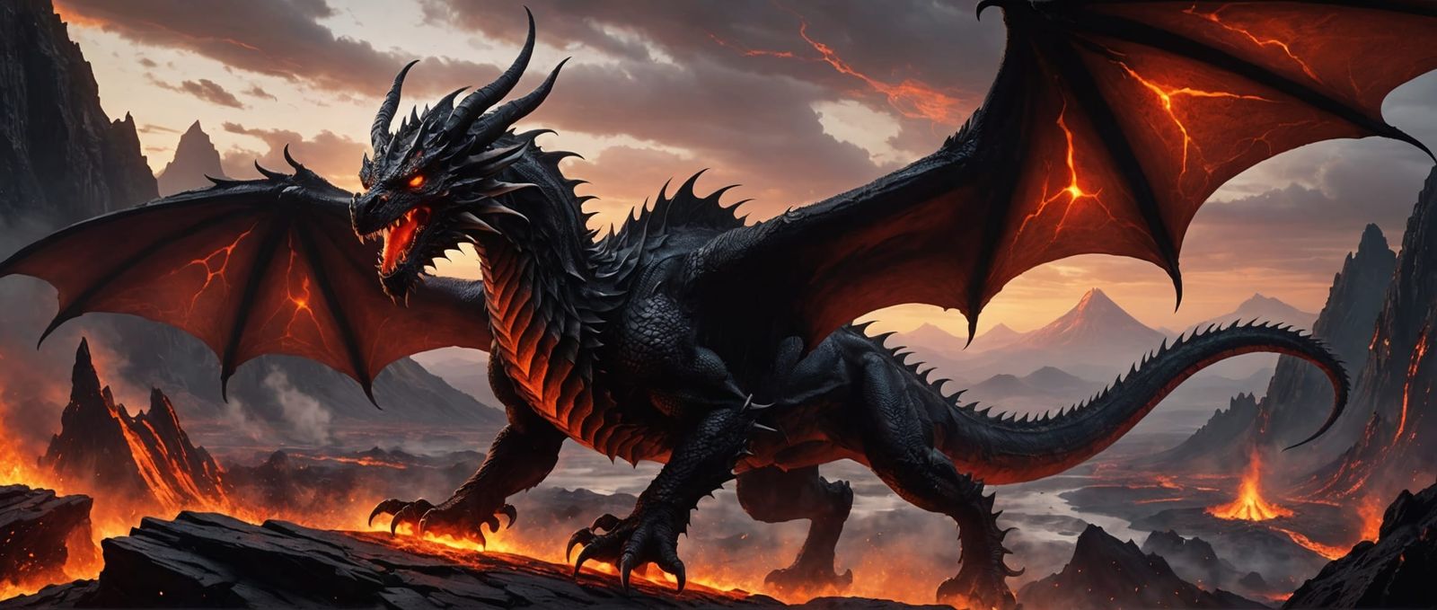 Epic Demon Dragon in Volcanic Fantasy Landscape