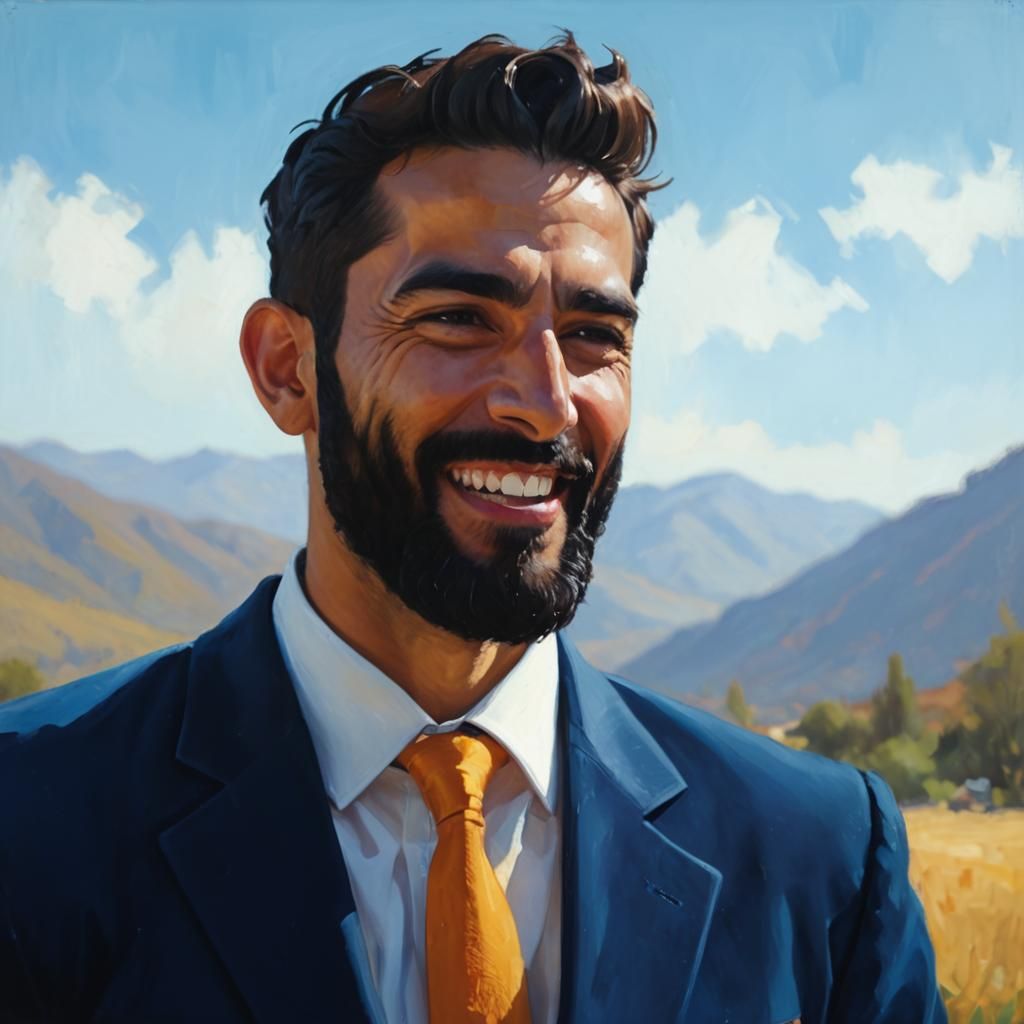 Laughing Man in Blue Suit, Expressionist Impasto Painting