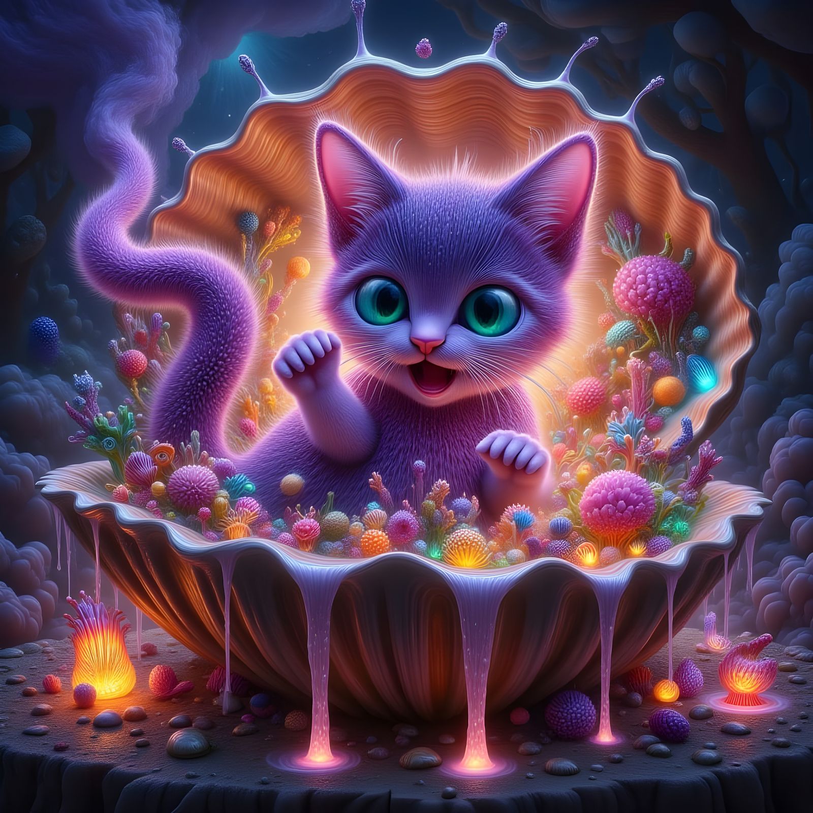 Surreal Bioluminescent Tabby Cat in Clam Shell