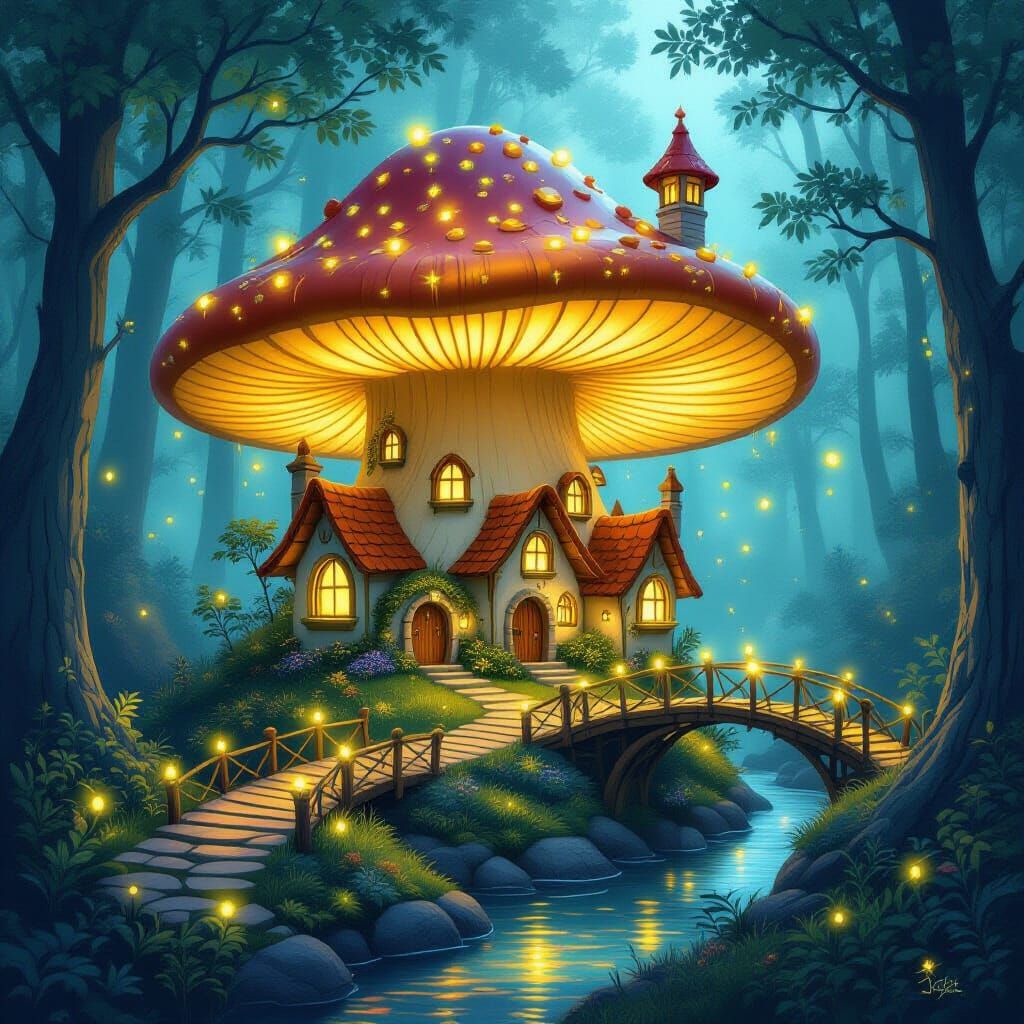 Enchanted Fairy Village on Bioluminescent Mushroom