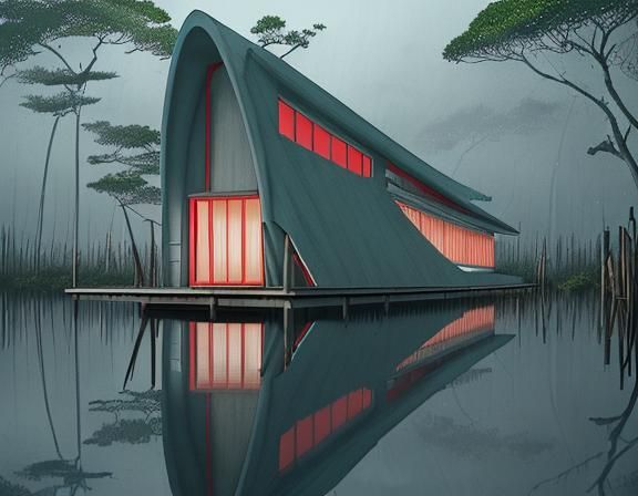 Minimalist Flower Building in Mangrove Swamp, Cel-Shaded Sty...
