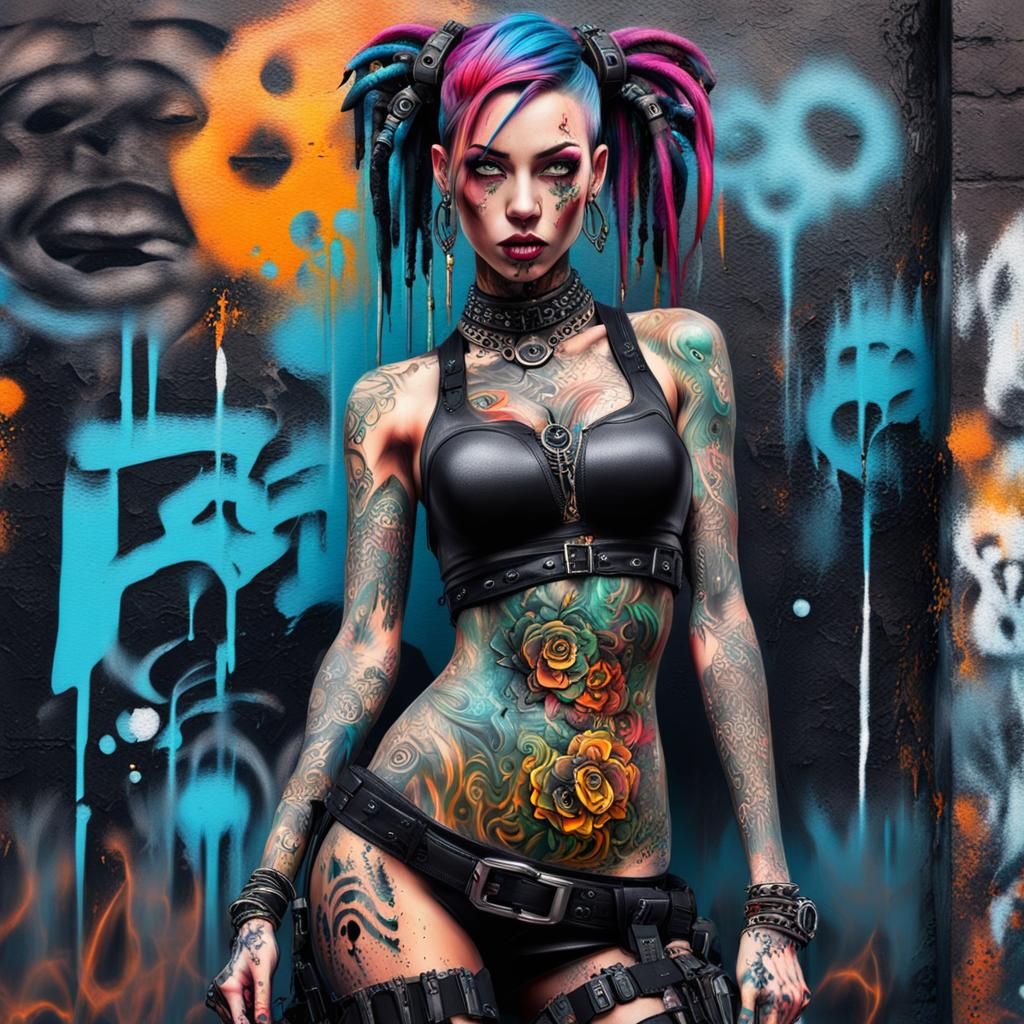 Stunning Cybergoth Woman in Graffiti Street Art