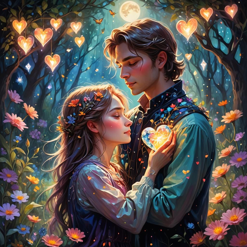 Glowing Heart Embrace in Moonlit Garden