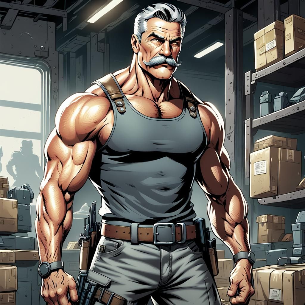 Grizzled Man with Gun Belt: Comic Book Art