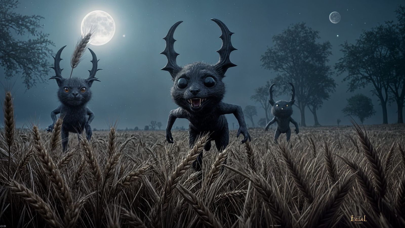 Moonlit Wheat Field with Dark Fantasy Creatures